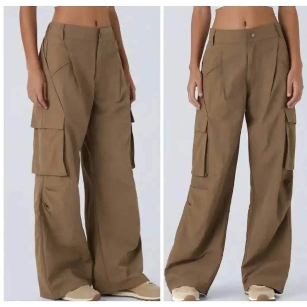Halara Mid Rise Button Zipper Side Pocket Wide Leg Casual Cargo Pant Brown Large